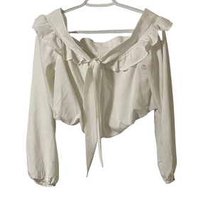 L'ATISTE White Cropped Blouse with Ruffle and Tie Size Medium